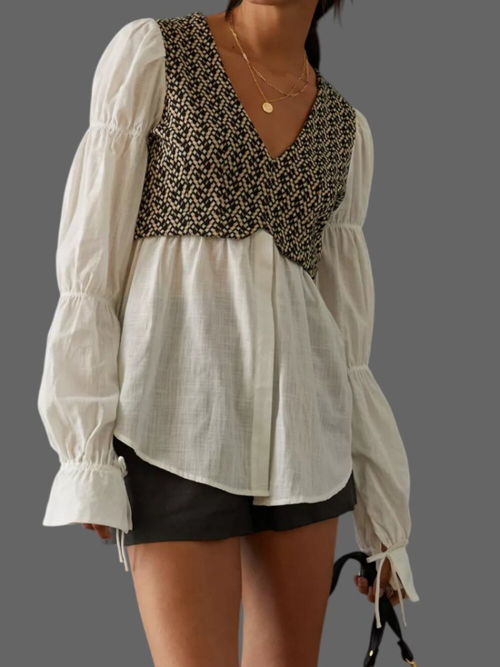 Anthropologie Layered Jacquard Vest & Blouse Long Sleeve White Large